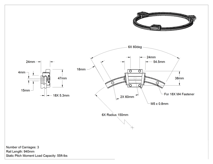 Teknik Çizim - Eğriler için Bilyalı Rulmanlı Taşıyıcı ve Kılavuz Ray, 150 mm Ray Bükülme Yarıçapına Sahip Yuvarlak Ray, 940 mm Uzunluk
