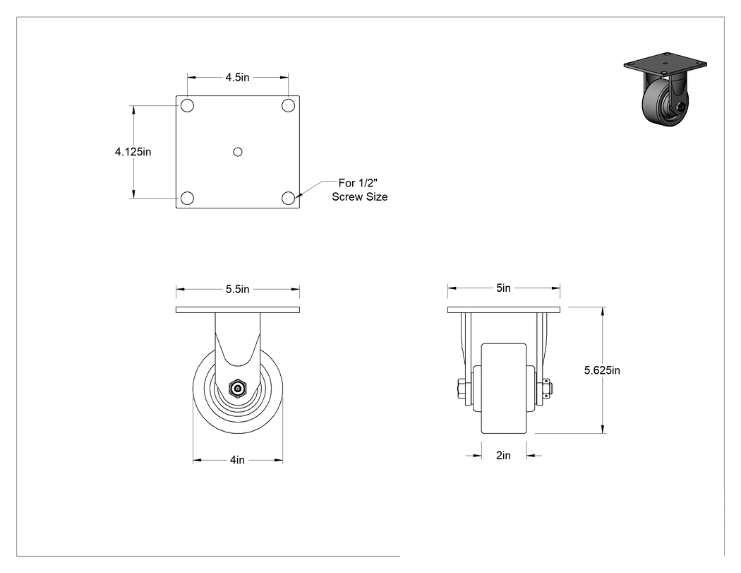 Teknik Çizim - 5-1/2" x 5" Plakalı Yüksek Kapasiteli Spartan Tekerlek, 4" Çapında Fenolik Tekerlekli Sert