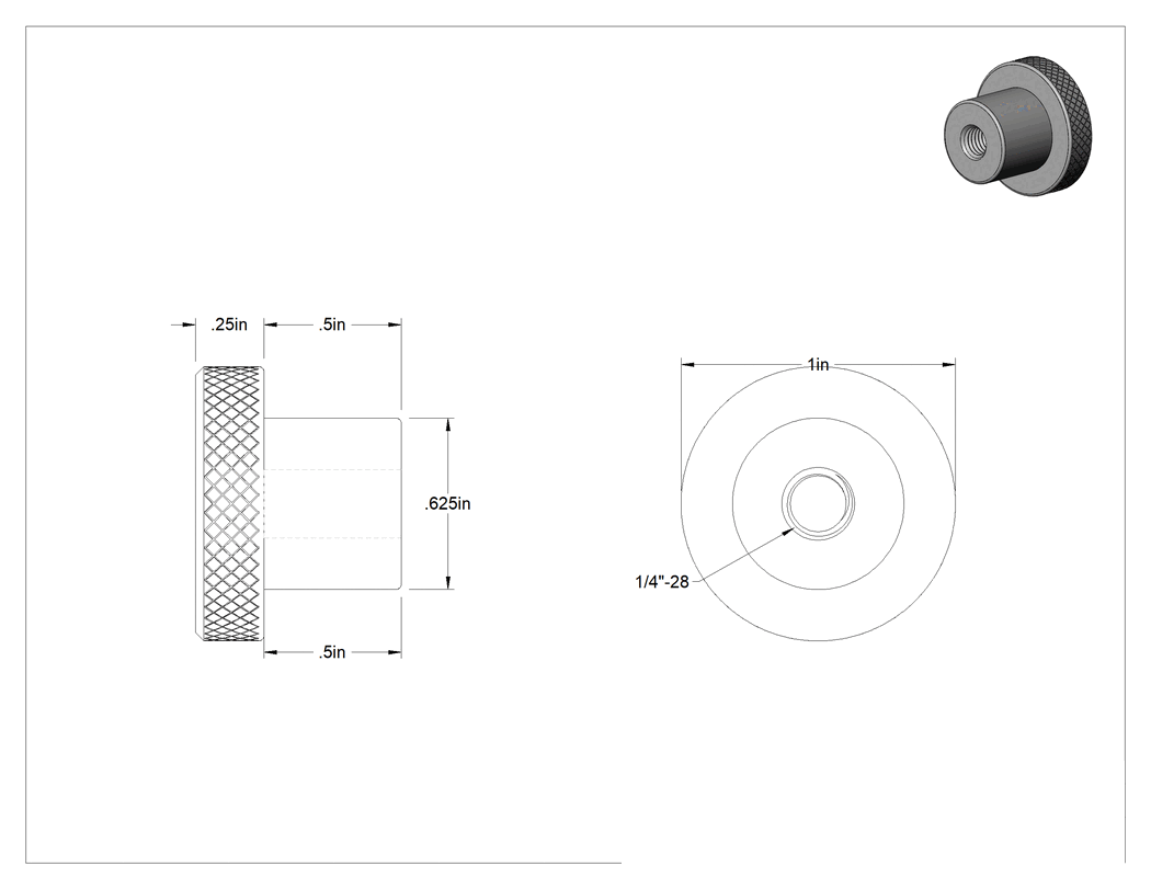 Teknik Çizim - 1/4"-28 Dişli Delikli Pirinç Yuvarlak Topuz
