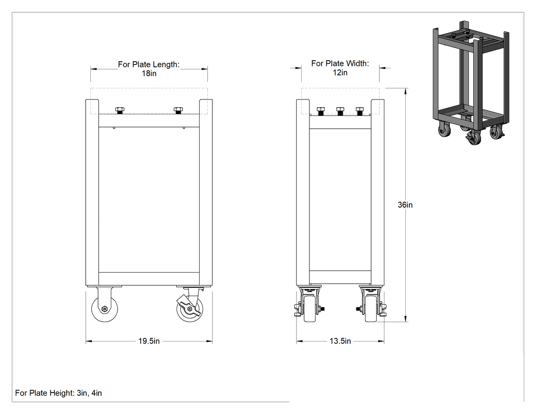 Teknik Çizim - Granit Yüzey Plakası Standı, Mobil, 18 inç x 12 inç Plaka için