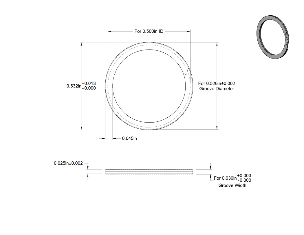 Teknik Çizim - Spiral iç tutma halkası, 1/2" İç Çap için, 18-8 Paslanmaz Çelik