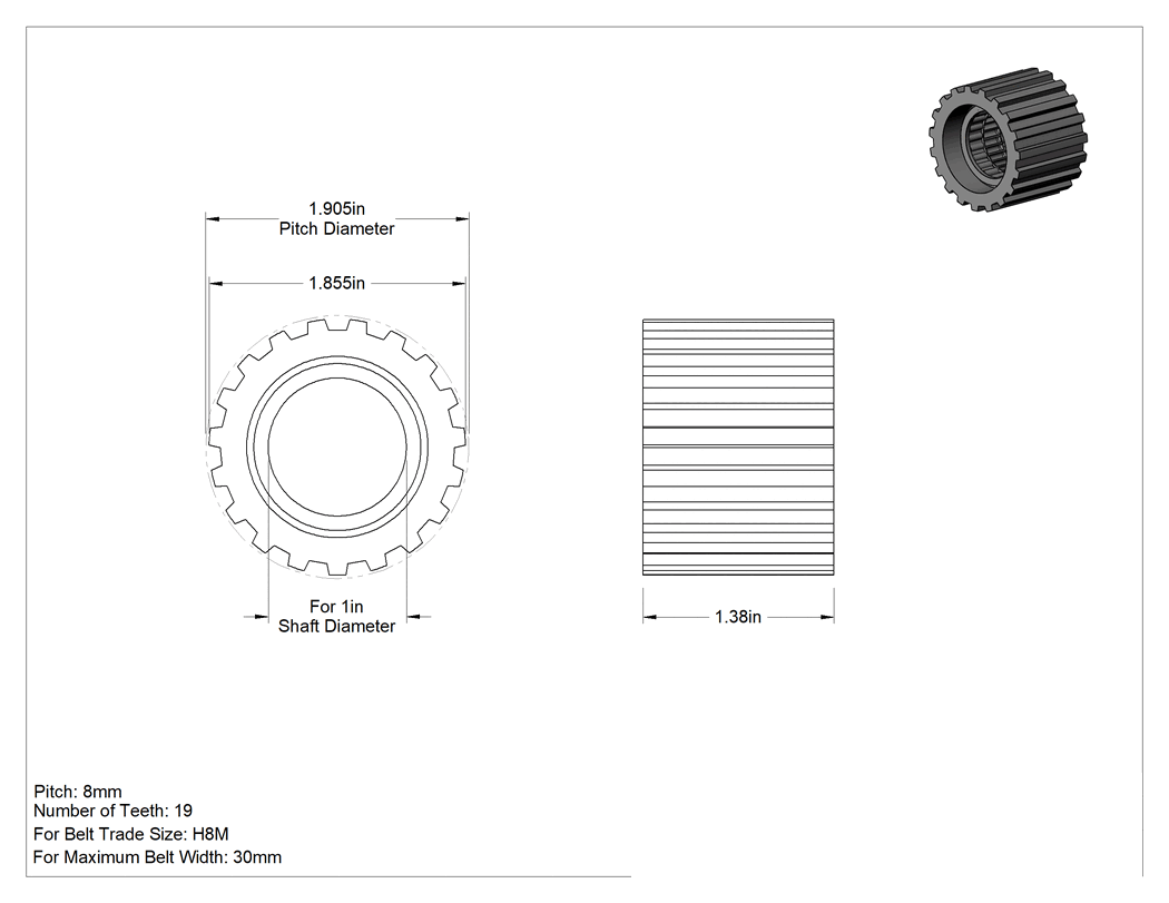 Teknik Çizim - Yüksek Mukavemetli HTD Triger Kayışı Avara Kasnağı, 30 mm Maksimum Kayış Genişliği için