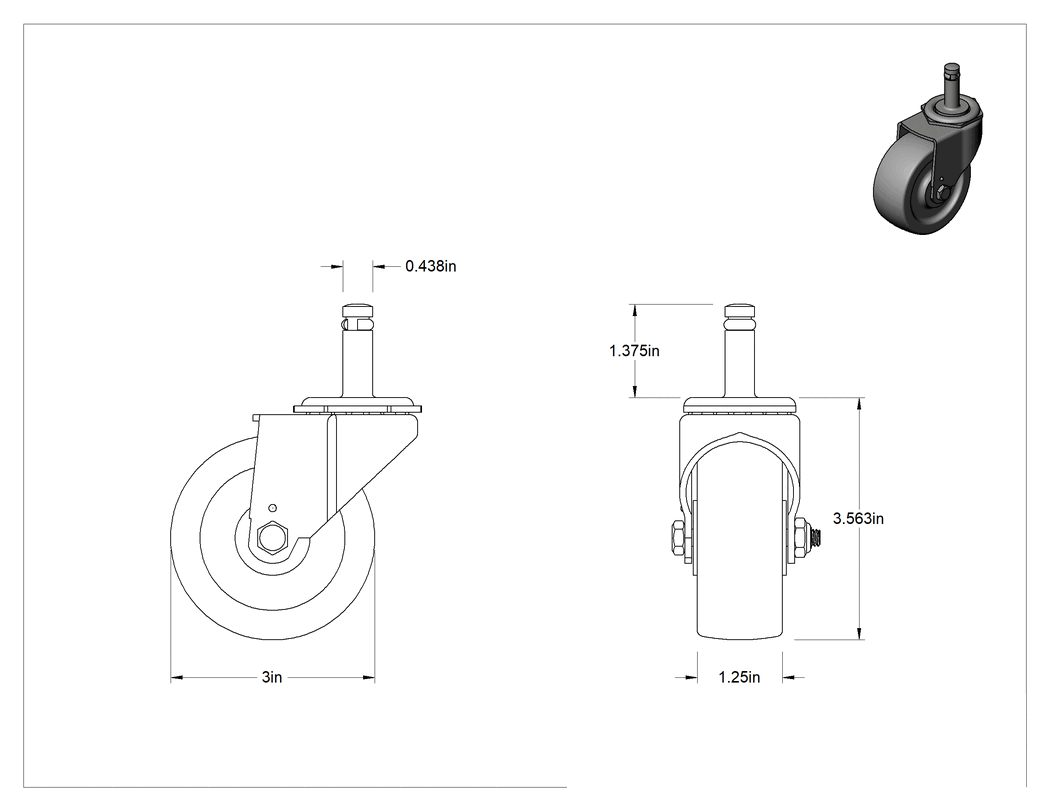 Teknik Çizim - Tutuş Halkalı Sürtünmeli Tutuşlu Saplı Tekerlek, 3" Çaplı 75A Kauçuk Tekerlekli ve 1-3/8" Uzunlukta Saplı Döner