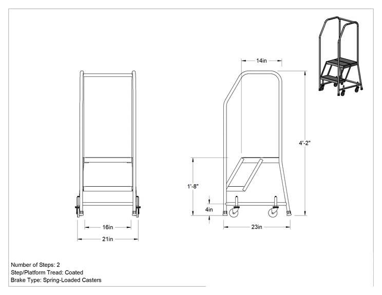 Teknik Çizim - Yuvarlanan Platform Merdiveni, 2 kaplamalı basamaklı, 4'2" Yükseklik x 21" Genişlik x 23" Derinlik Toplam