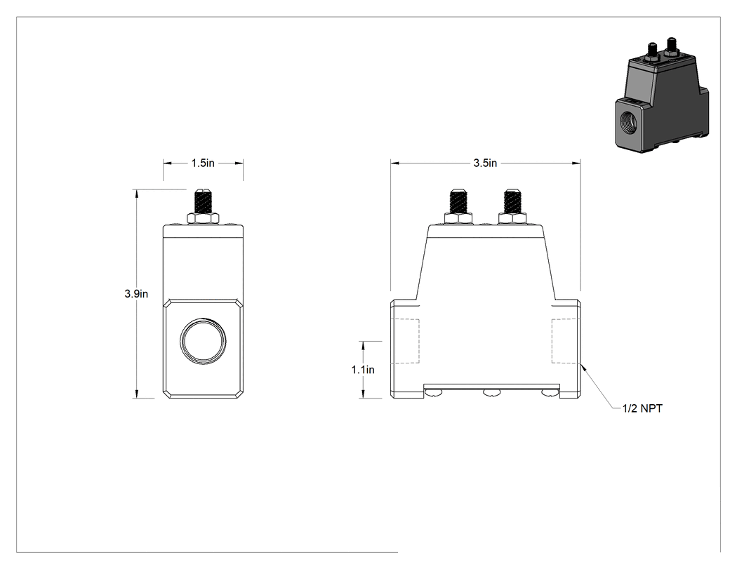 Teknik Çizim - Yavaş Başlangıçlı Hava Akış Kontrol Valfi, 1/2 NPT Dişi Giriş x 1/2 NPT Dişi Çıkış