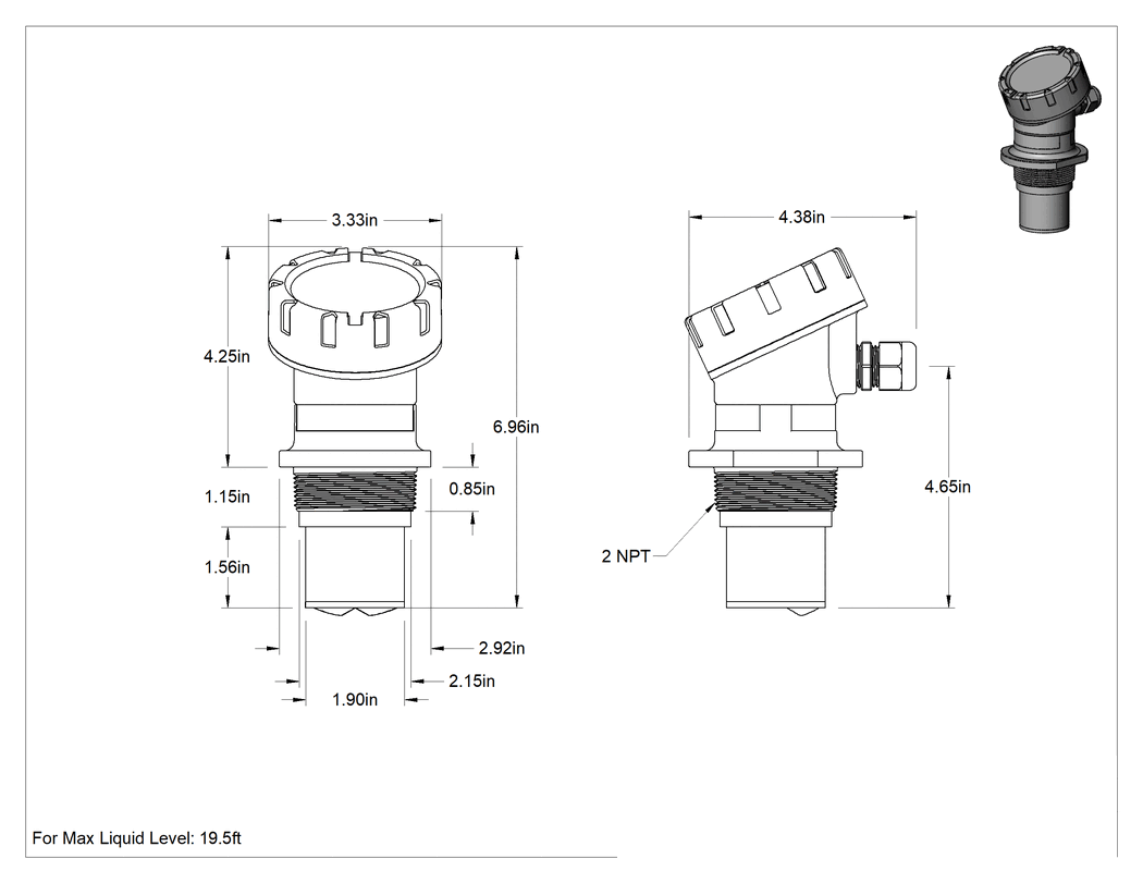 Teknik Çizim - Ultrasonik Sıvı Seviye Transmitteri, Ultrasonik, 2 NPT Erkek, 0 ila 19.5 fit sıvı için