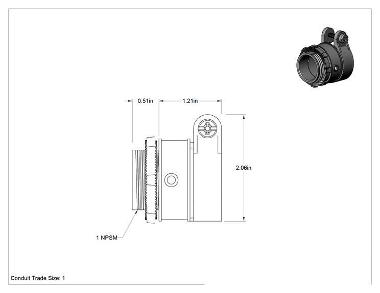 Teknik Çizim - Esnek Metal Kanal için Çinko Adaptör, Düz, 1 Standart Boyut Vidalı Kelepçe Dişi x 1 NPSM Erkek