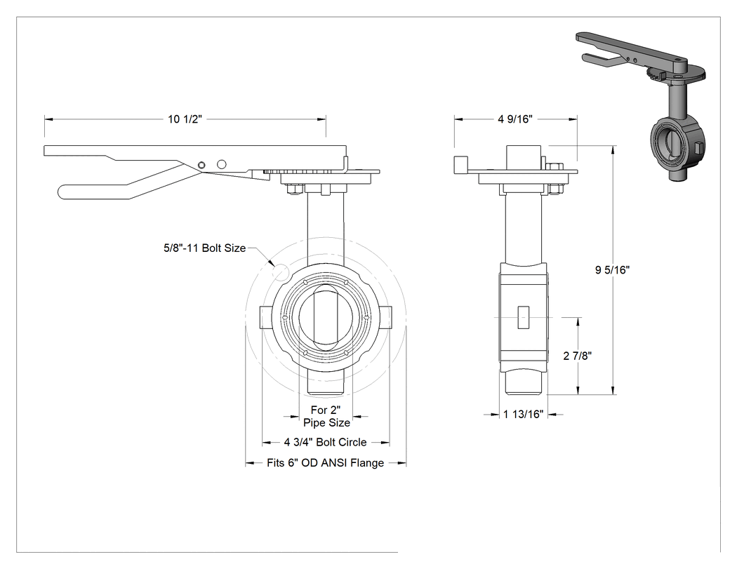 Teknik Çizim - Sfero Döküm Flanş Montajlı Akış Ayar Valfi, Kimyasal için, Kollu Wafer Vana, Paslanmaz Çelik Disk, 2 Boru Boyutu
