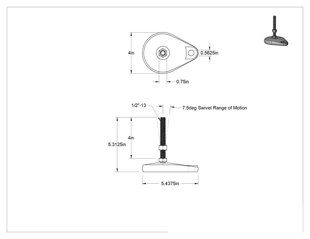 Teknik Çizim - Cam Dolgulu Naylon Sabit Dönen Seviyeleme Montaj Parçası, 4" Uzunlukta 1/2"-13 303 Paslanmaz Çelik Dişli Saplama, 1 Ofset Delik