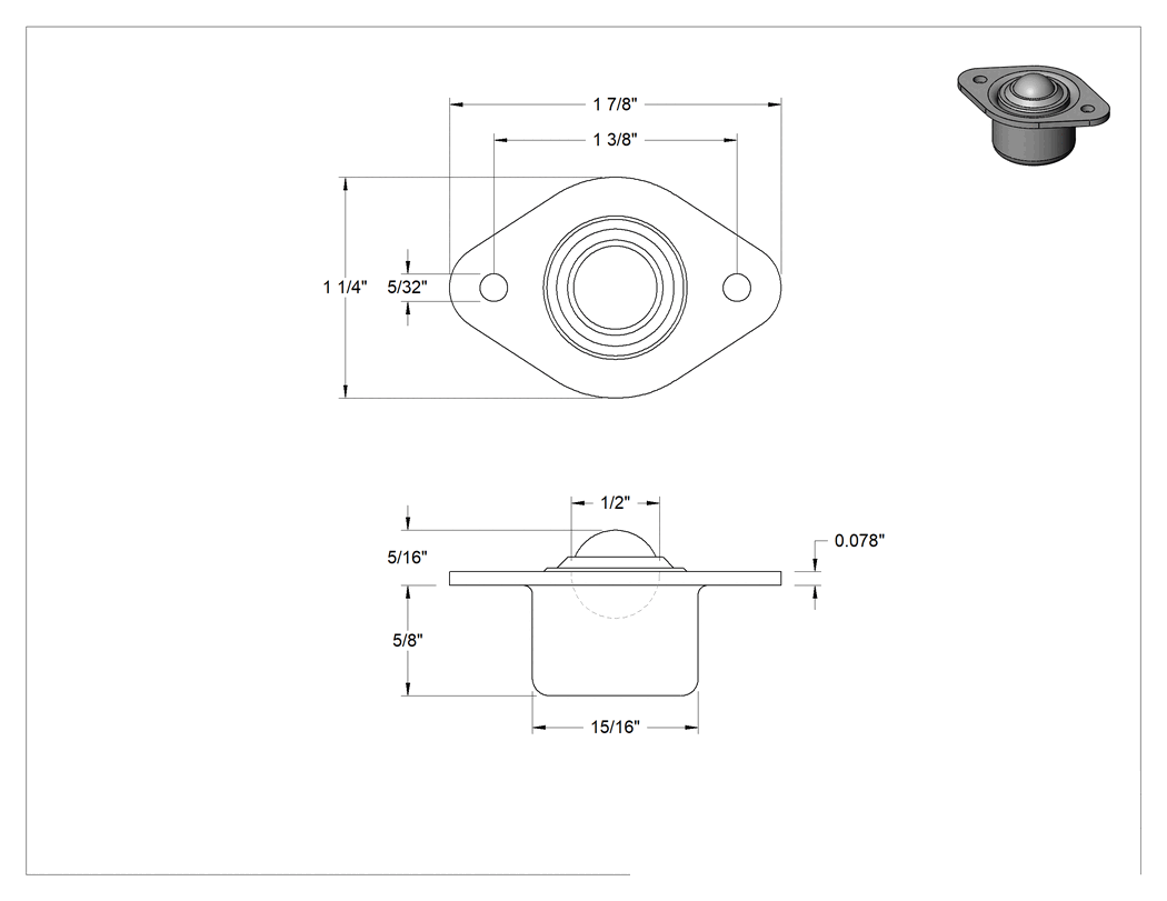 Teknik Çizim - Ağır Hizmet Tipi Gömme Flanş Montajlı Bilyalı Aktarıcılar, 1/2" Çaplı Çelik Bilye, 120 lbs. Kapasite