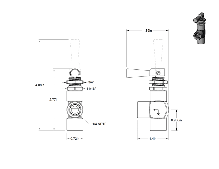 Teknik Çizim - Hızlı Çalışan Panel Montajlı Pirinç Açma/Kapama Vanası, Toggle Anahtarlı, Dirsek, 1/4 NPTF Dişi