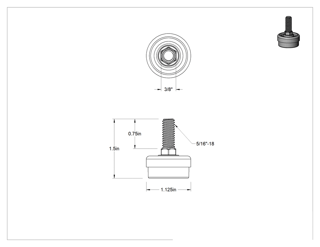 Teknik Çizim - Çinko Kaplı Çelik Saplamalı Sert Tesviye Bağlantı Elemanları, Polietilen Yastık, 5/16"-18 Diş Boyutu, 3/4" Diş Uzunluğu