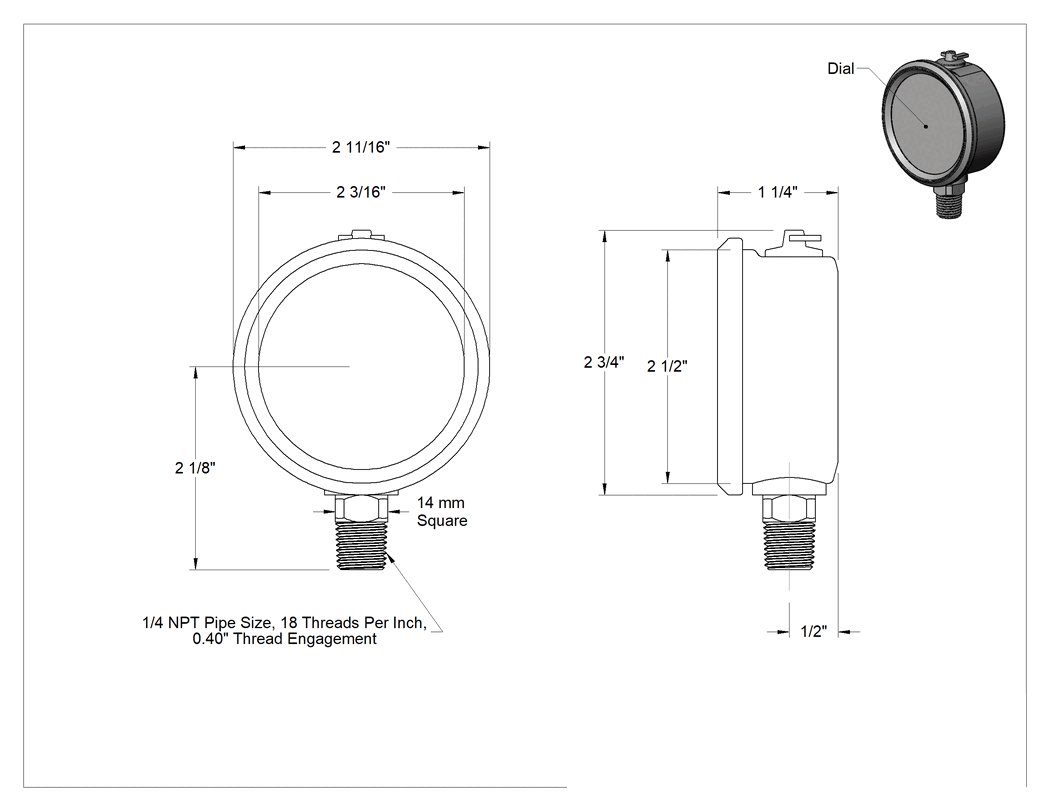 Teknik Çizim - Çift Ölçekli Titreşim ve Paslanma ve Aşınmaya Dayanıklı Ölçer, Bileşik, Sertifikalı, 2.5 inç Çap, 1/4 NPT Alt Bağlantı, 0-15 PSI
