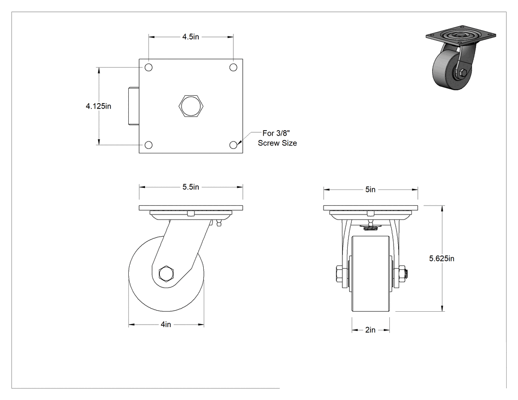 Teknik Çizim - 5-1/2" x 5" Plakalı Yüksek Kapasiteli Spartan Tekerlek, Açık Rulmanlı Döner, 4" Çap 75D Durometre Poliüretan Tekerlek