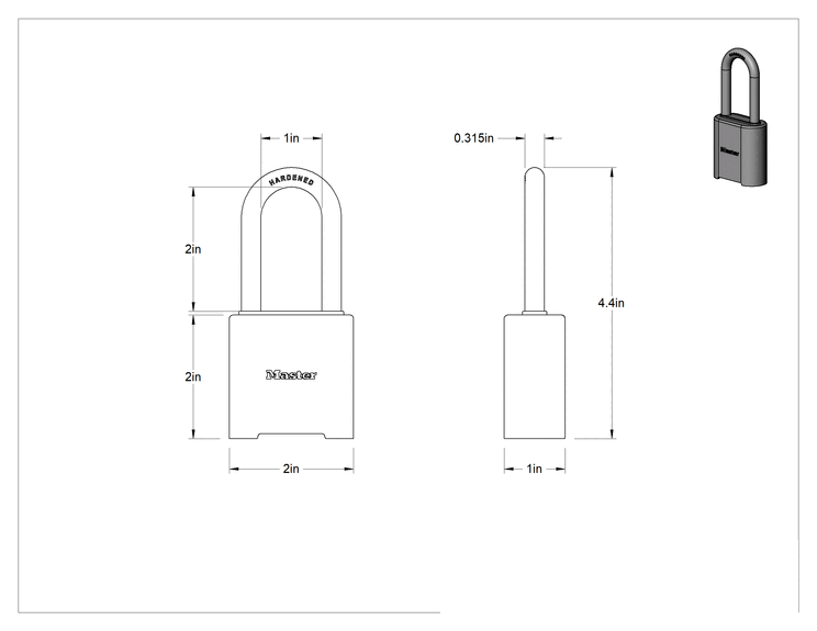 Teknik Çizim - Hava Koşullarına Dayanıklı Sıfırlanabilir Şifreli Asma Kilit, 2-1/16" Dikey Boşluk, Master Lock 975LH