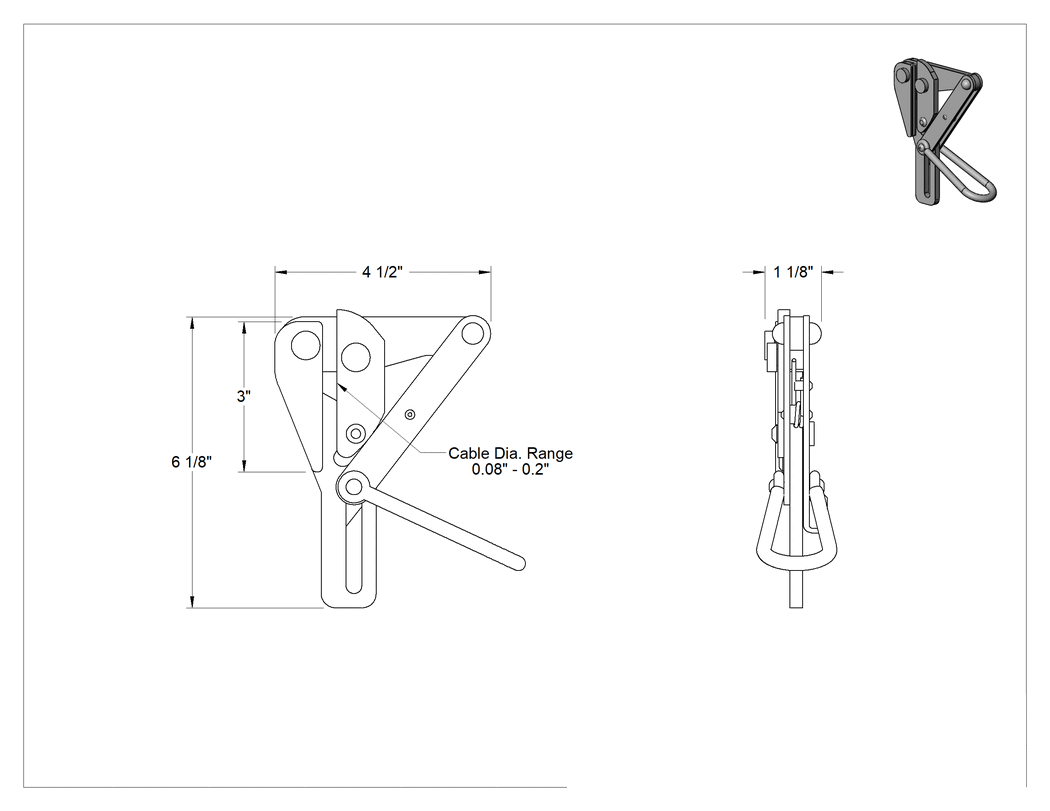 Teknik Çizim - Tel ve Kablo Çekme Kelepçesi, Yaylı Çene, 0.08" ila 0.2" Dış Çaplı Kablo için