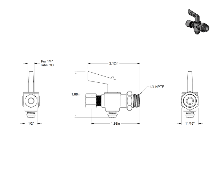 Teknik Çizim - Sıkıştırma Bağlantı Parçalı Açma-Kapama Vanası, Kısa Saplı Pirinç Gövde, 1/4" Boru Dış Çapı x 1/4 NPT Erkek
