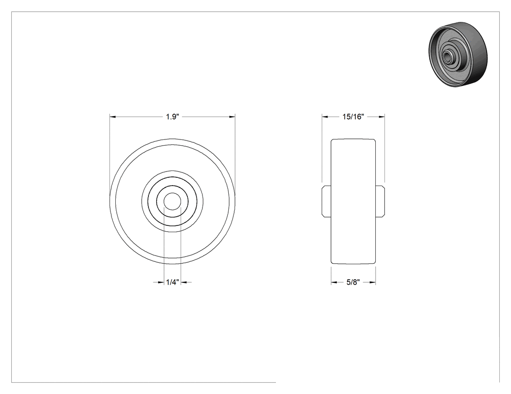 Teknik Çizim - Paten Tekerleği, Asetal, 1.9 inç Çap x 5/8 inç Genişlik