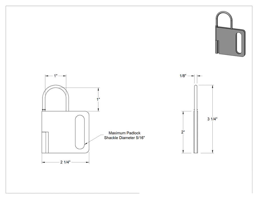 Teknik Çizim - Zorlamaya Dayanıklı Kilitleme Mandalı, Asma Kilit Yuvalı, 1" x 1" Mandal Boşluğu, 1/8" Mandal Kalınlığı