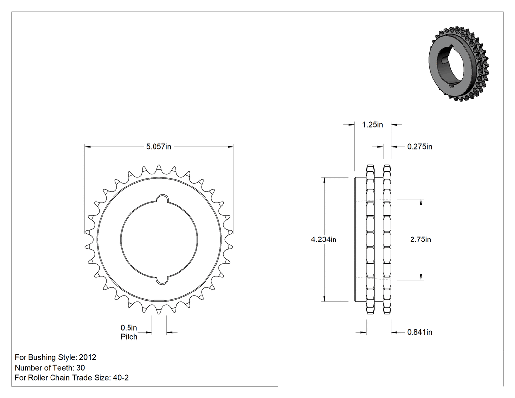 Teknik Çizim - Taper-Lock Burç-Delik Çift Sıralı Dişli, ANSI 40-2 Makaralı Zincir için, Çelik, 30 Diş