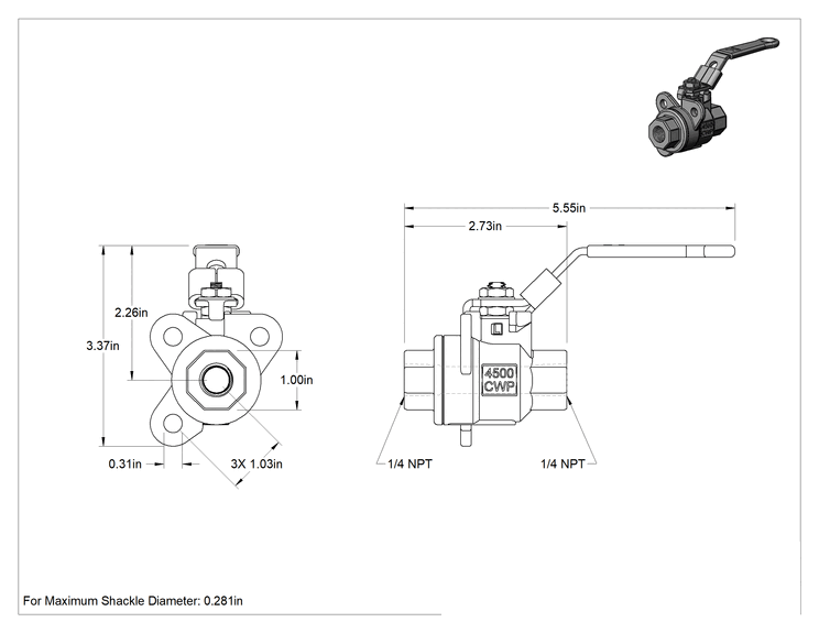 Teknik Çizim - Yüksek Basınçlı Açma/Kapama Valfi, Kilitlenebilir Kol Saplı, Çelik Gövde, 1/4 NPT Dişi, 6 Cv