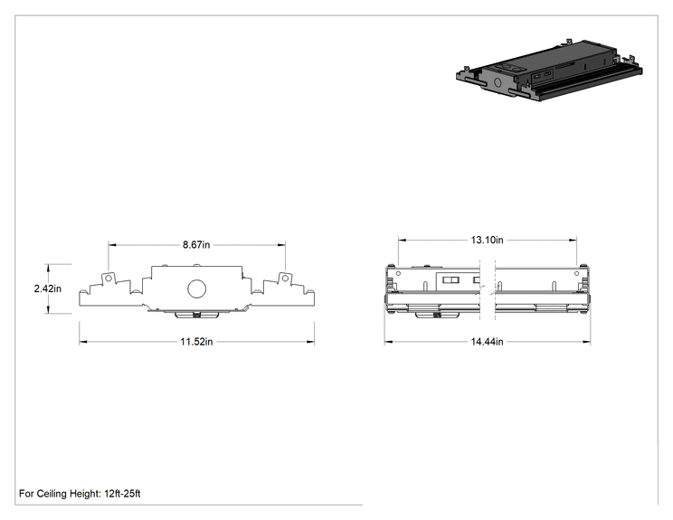 Teknik Çizim - Doğrusal Bölme Işığı, Geniş Işın, 12'-25' Tavan Yüksekliği için, 14-1/2" Toplam Uzunluk
