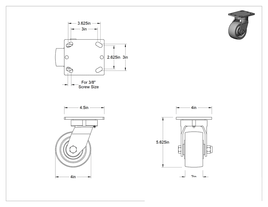 Teknik Çizim - Easy-Roll Paslanma ve Aşınmaya Dayanıklı Tekerlek, Yüksek Kapasiteli, 4" Çaplı Poliüretan Tekerlekli Döner Tekerlek