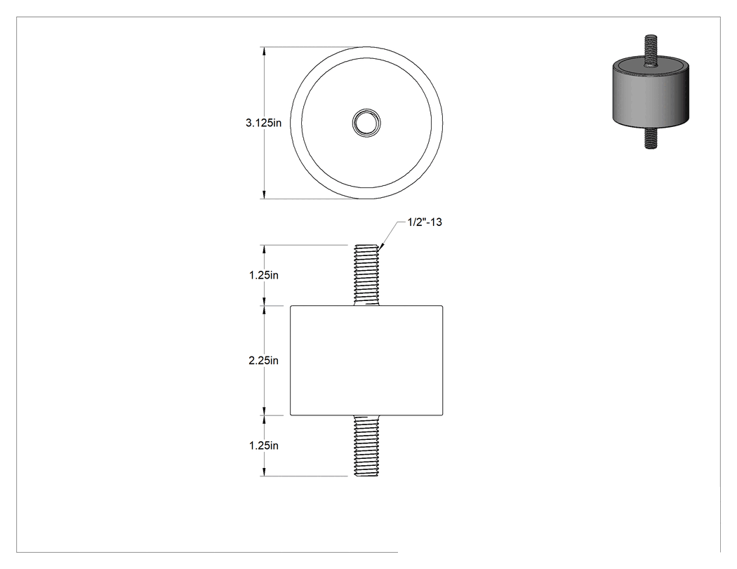 Teknik Çizim - Doğal Kauçuk Titreşim Sönümleyici Sandviç Montaj, 1/2"-13 Dişli 304 Paslanmaz Çelik Saplama, 720 lbs. Kapasite