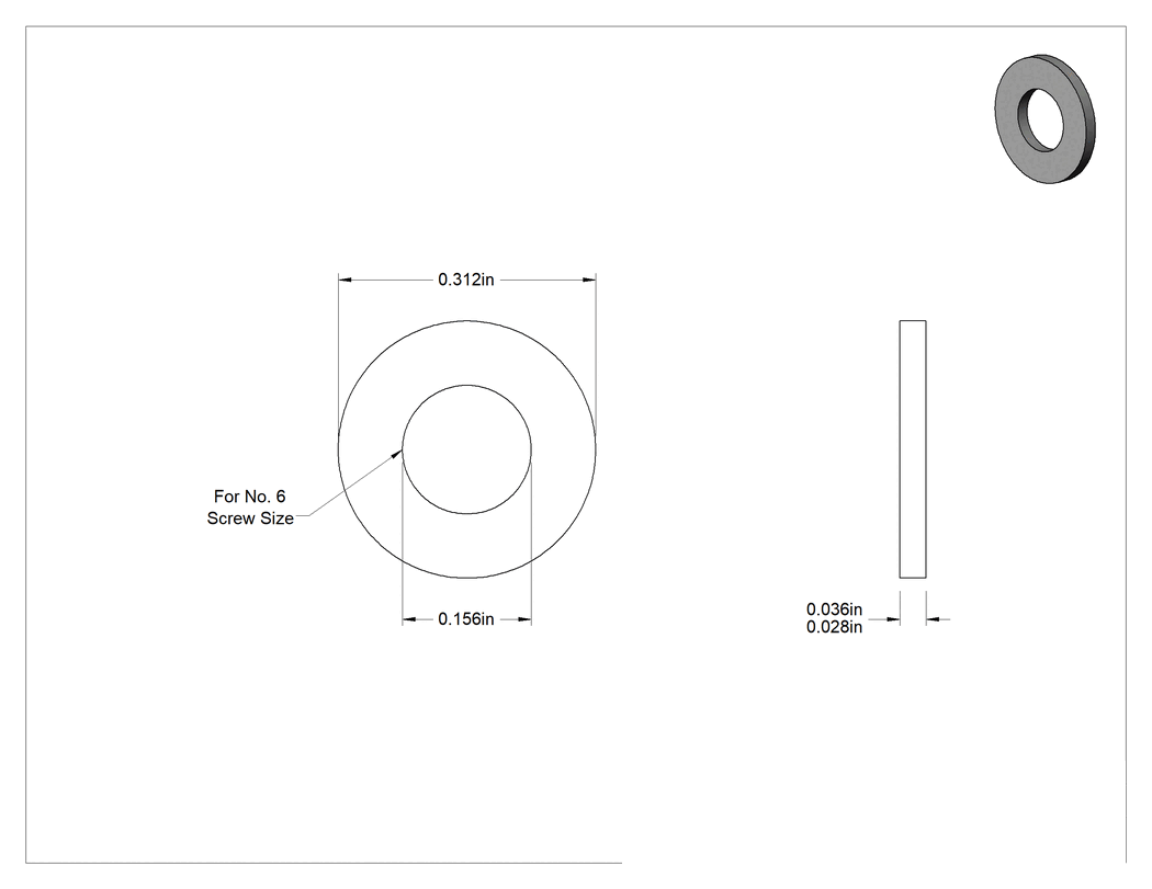 Teknik Çizim - PTFE Plastik Pul, 6 numaralı vida boyutu için, 0.156" İç Çap, 0.312" Dış Çap