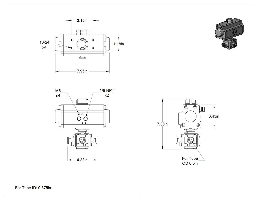 Teknik Çizim - Gıda ve İçecek için Hava Tahrikli Yön Değiştirme Valfi, Çift Etkili, 3/8" Boru İç Çapı x 1/2" Boru Dış Çapı için