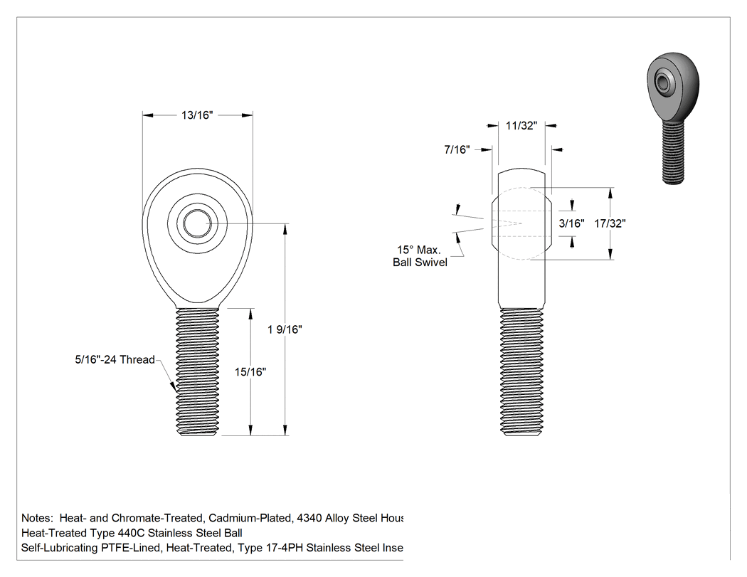 Teknik Çizim - Mil. Spec. Küresel Mafsal Çubuk Ucu, Büyük Boy Şaft, 3/16" İç Çap, 5/16"-24 Diş, Sağ Yönlü