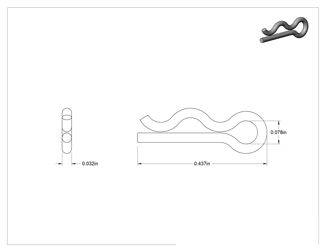 Teknik Çizim - Saç Tokası Kopilyası, 7/64"-9/64" Pim Çapı için 316 Paslanmaz Çelik, 1/32" Tel Çapı