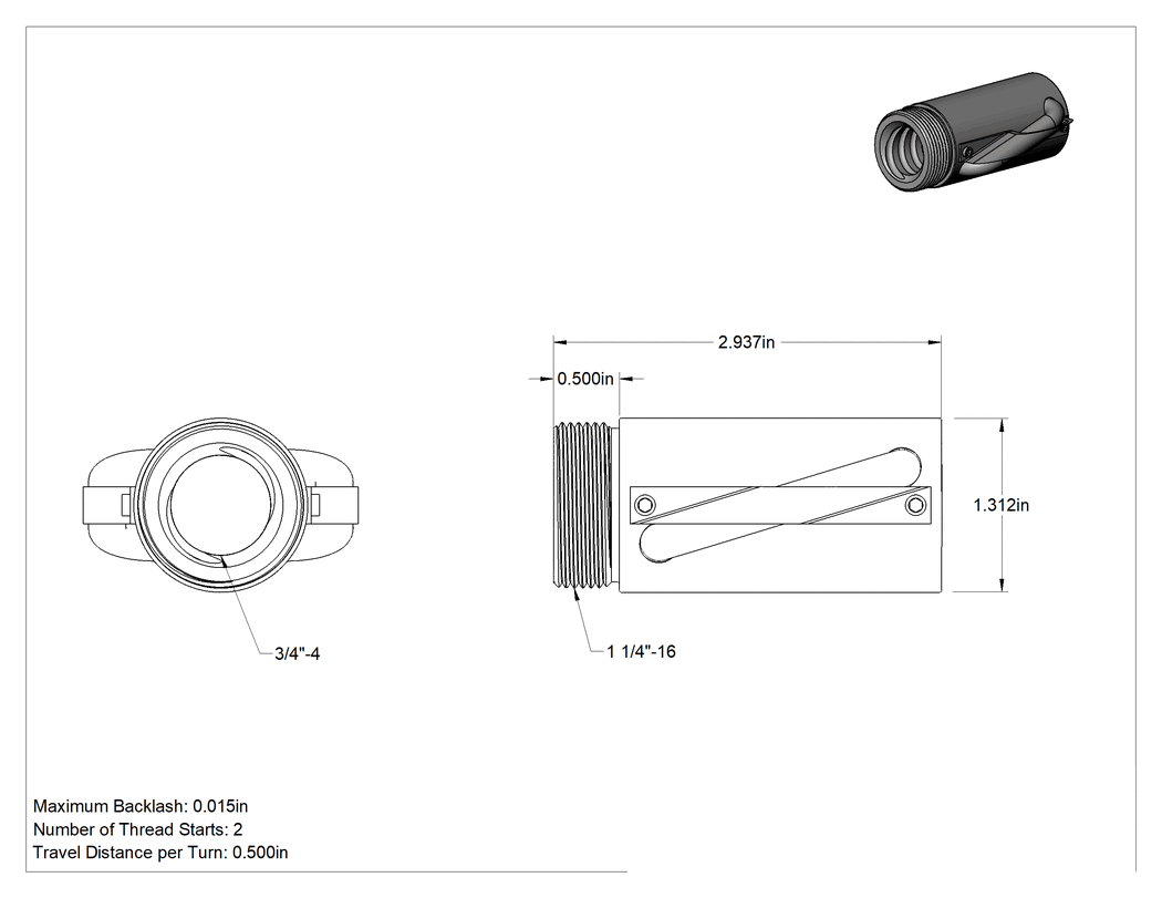 Teknik Çizim - Bilyalı Vida için 3/4"-4 Dış Dişli Hızlı Hareket Somunu