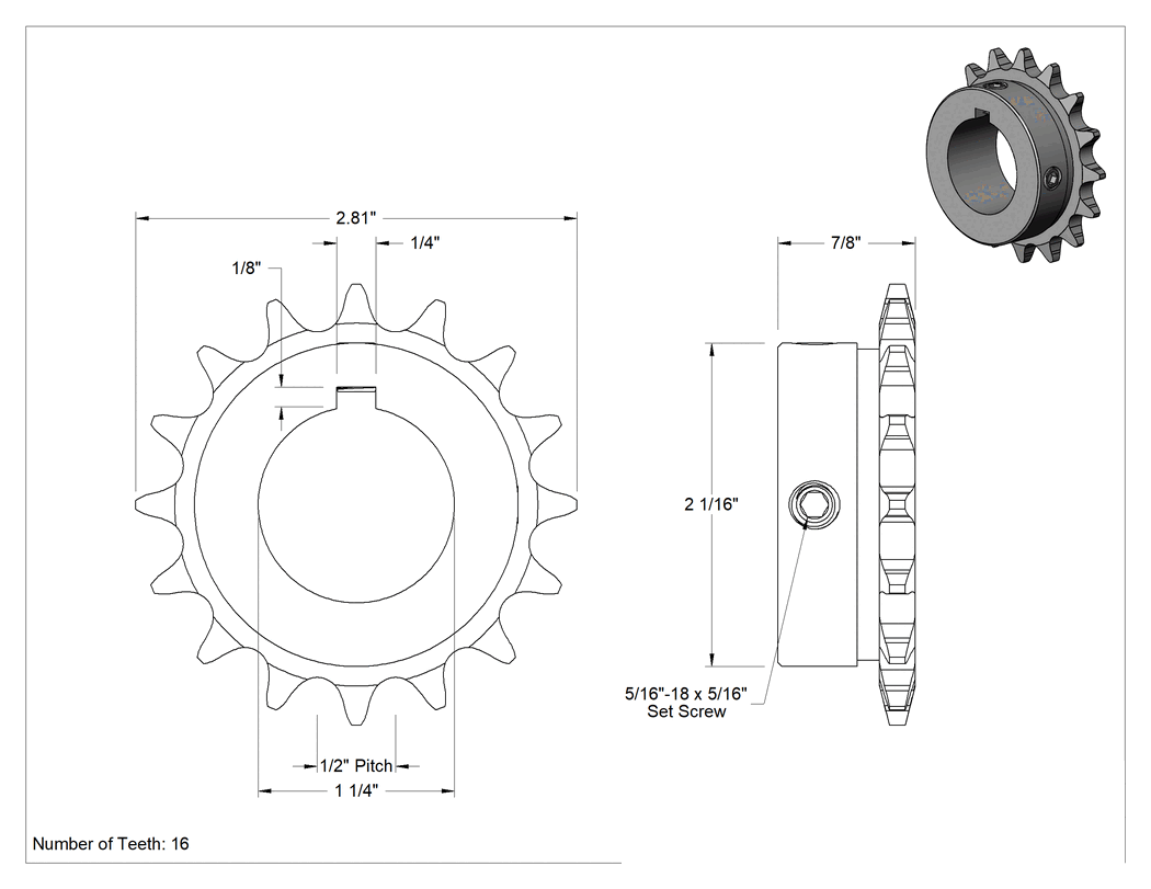 Teknik Çizim - Çelik Tek Sıralı Dişli, ANSI 41 Makaralı Zincir ve 1-1/4" Mil Çapı için, 16 Diş