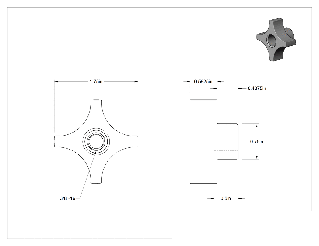 Teknik Çizim - Dört Kollu Tutma Yerli Düğme, 3/8"-16 Dişli Delikli, 1-3/4" Genişlikte Başlık