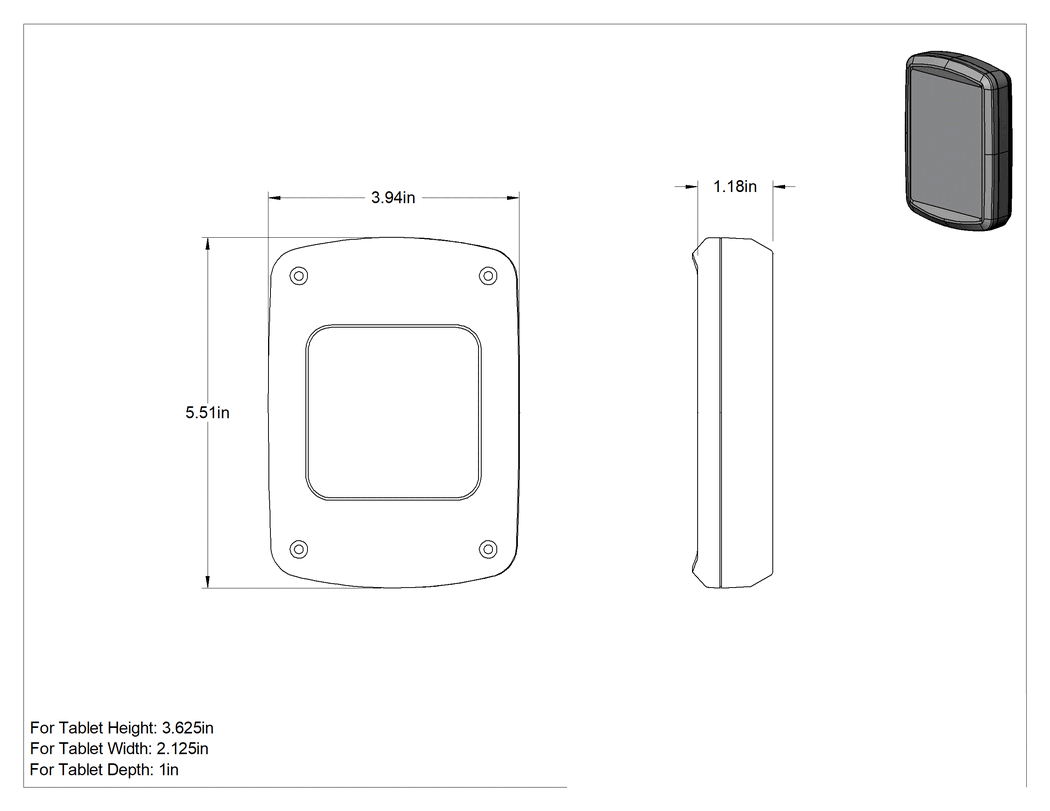 Teknik Çizim - Su Geçirmez Tablet Muhafazası, 3-5/8" x 2-1/8" x 1" tablet için