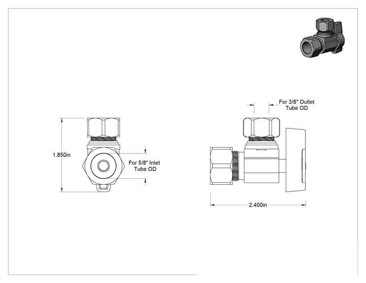 Teknik Çizim - Sıhhi Tesisat için Çeyrek Dönüşlü Kesme Vanası, Sıkıştırma Girişi ve 3/8" Dış Çap Sıkıştırma Çıkışlı