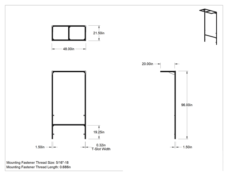 Teknik Çizim - T-Yivli Çerçeveleme Tabanı Dikme, Çıkıntılı, 1-1/2" Tek Ray, 48 inç Uzunluk x 20 inç Genişlik x 96 inç Yükseklik