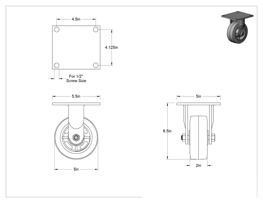 Teknik Çizim - 5-1/2" x 5" Montaj Plakalı Tekerlek, Samson, 5 inç Çapında Siyah Kauçuk Tekerlekli Sert