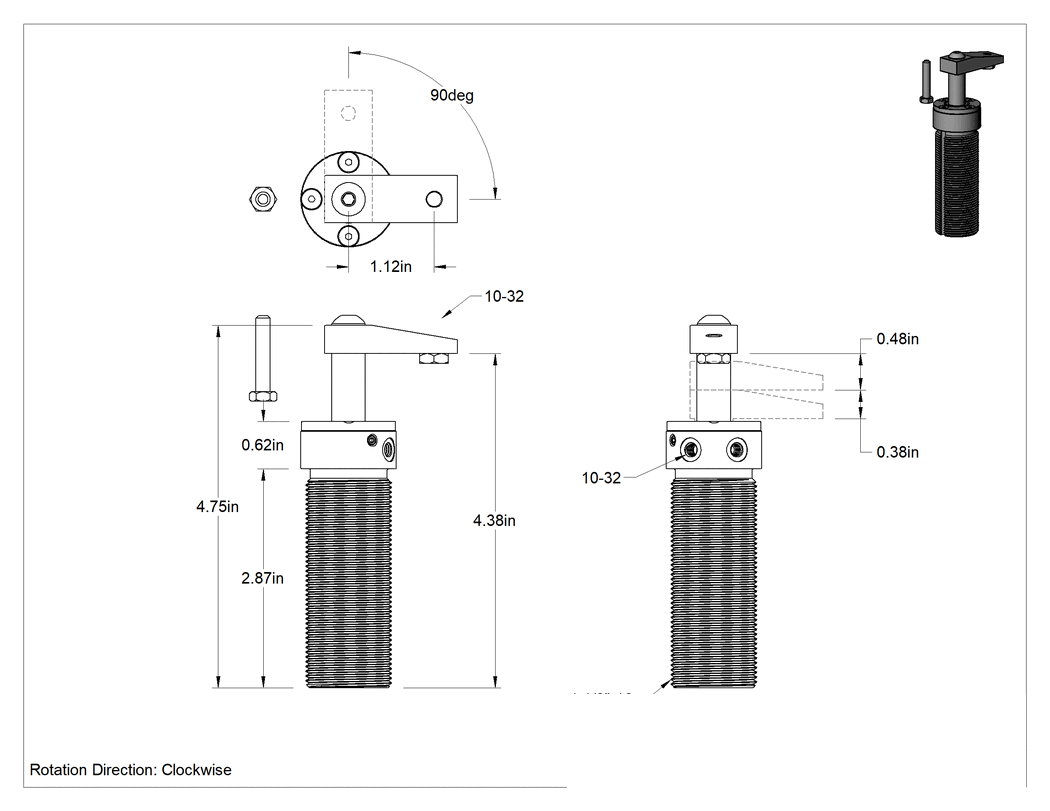 Teknik Çizim - Havalı Sabitleme Fikstürü Kelepçesi, Kaynak için, Dişli, Saat Yönünün Tersine, 1-1/8" Uzanma Mesafesi