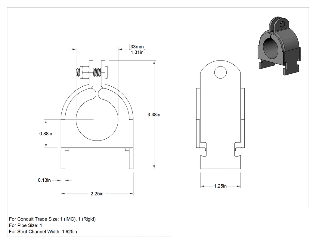Teknik Çizim - Strut Montajlı Titreşim Sönümleyici Yönlendirme Kelepçesi, TPE Kauçuk Yastıklı, 316 Paslanmaz Çelik, 1-5/16" İç Çap