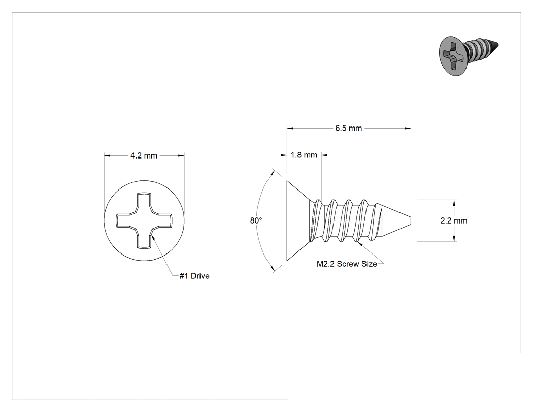 Teknik Çizim - 18-8 Paslanmaz Çelik Metal için Phillips Havşa Başlı Vidalar, M2.2 Boyutu, 6.5 mm Uzunluk