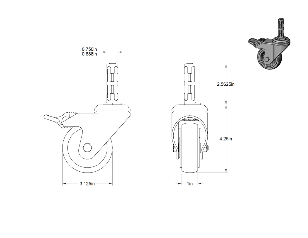 Teknik Çizim - Çelik Genişleyen Kama Sürtünmeli Tutuşlu Saplı Tekerlek, Döner, Total Lock ve 3-1/8" Çaplı Tekerlek, 11/16"-3/4" Gövde Çapı