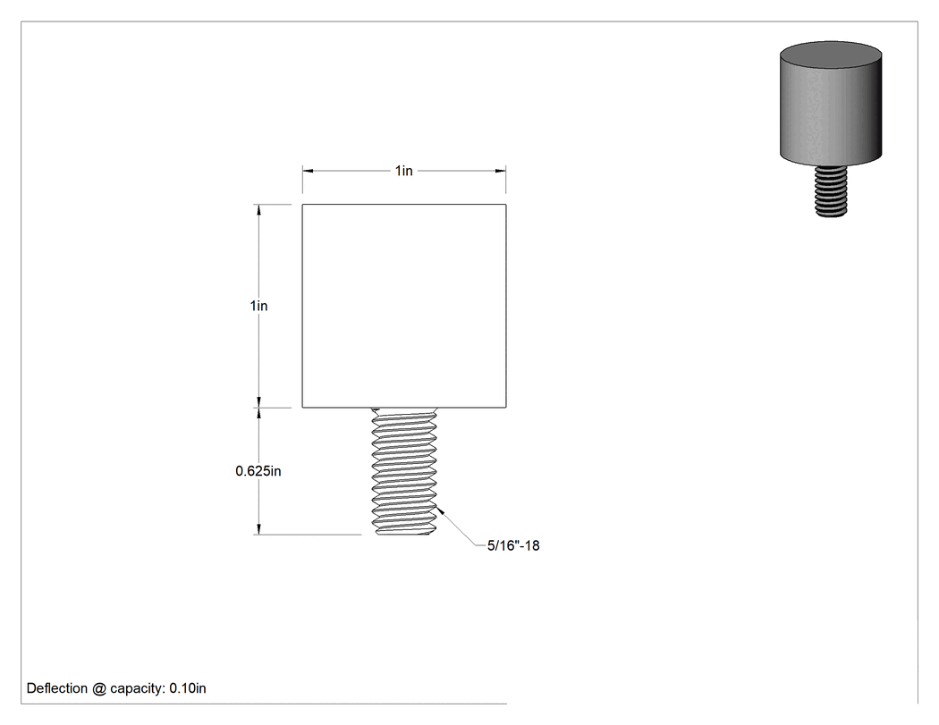Teknik Çizim - Yük Kapasiteli Güçlendirilmiş Dişli Tampon, Çelik Plakalı ve 5/16"-18 Saplamalı Neopren, 1" Yükseklik, Durometre 40A