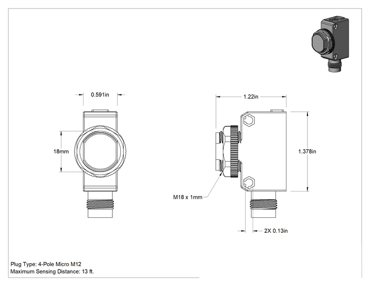 Teknik Çizim - Zorlu Ortamlar İçin Fotoelektrik Anahtar, 4 Kutuplu Mikro M12 Konektörlü, Ayarlanabilir Reflektör, PNP Çıkışı