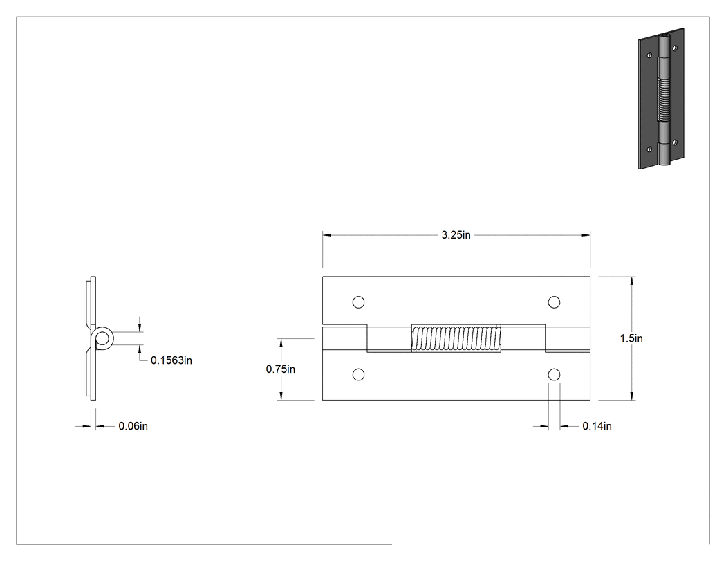 Teknik Çizim - Yaylı Menteşe, Delikli, Kendinden Açılan, Çelik, 3-1/4" x 3/4" Kapı Kanadı