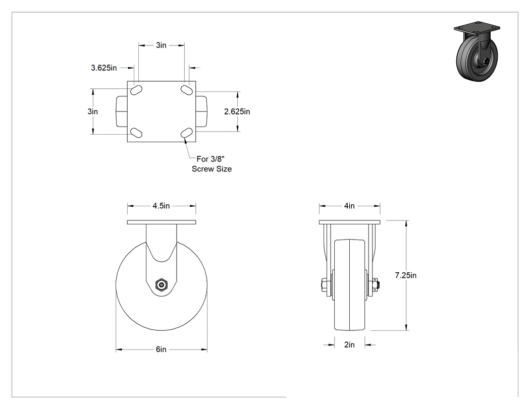Teknik Çizim - 4-1/2" x 4" Plakalı Yüksek Kapasiteli Spartan Tekerlek, 6 inç Çapında Açık Rulmanlı Fenolik Tekerlekli Sert