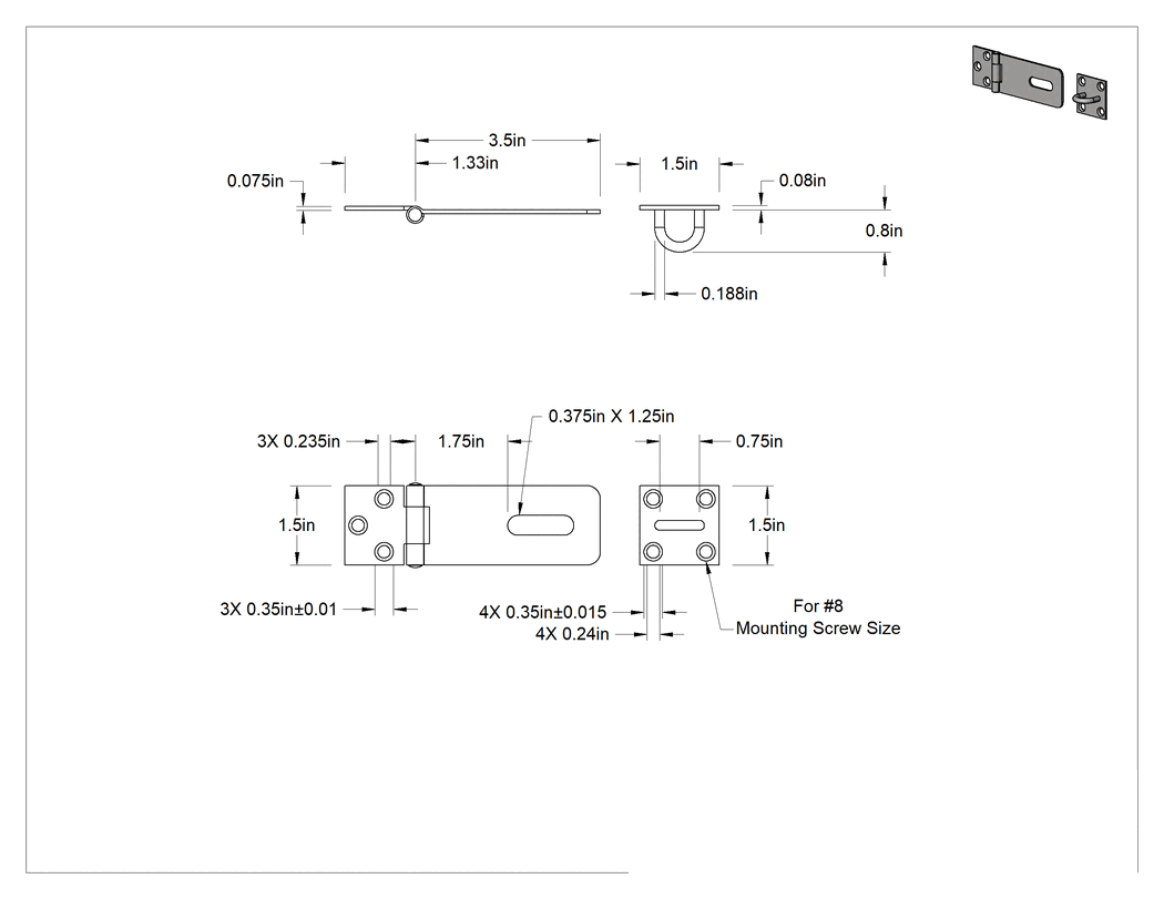 Teknik Çizim - Asma Kilitli Mandal, 3-1/2" x 1-1/2" x 1/16" Kollu, 304 Paslanmaz Çelik