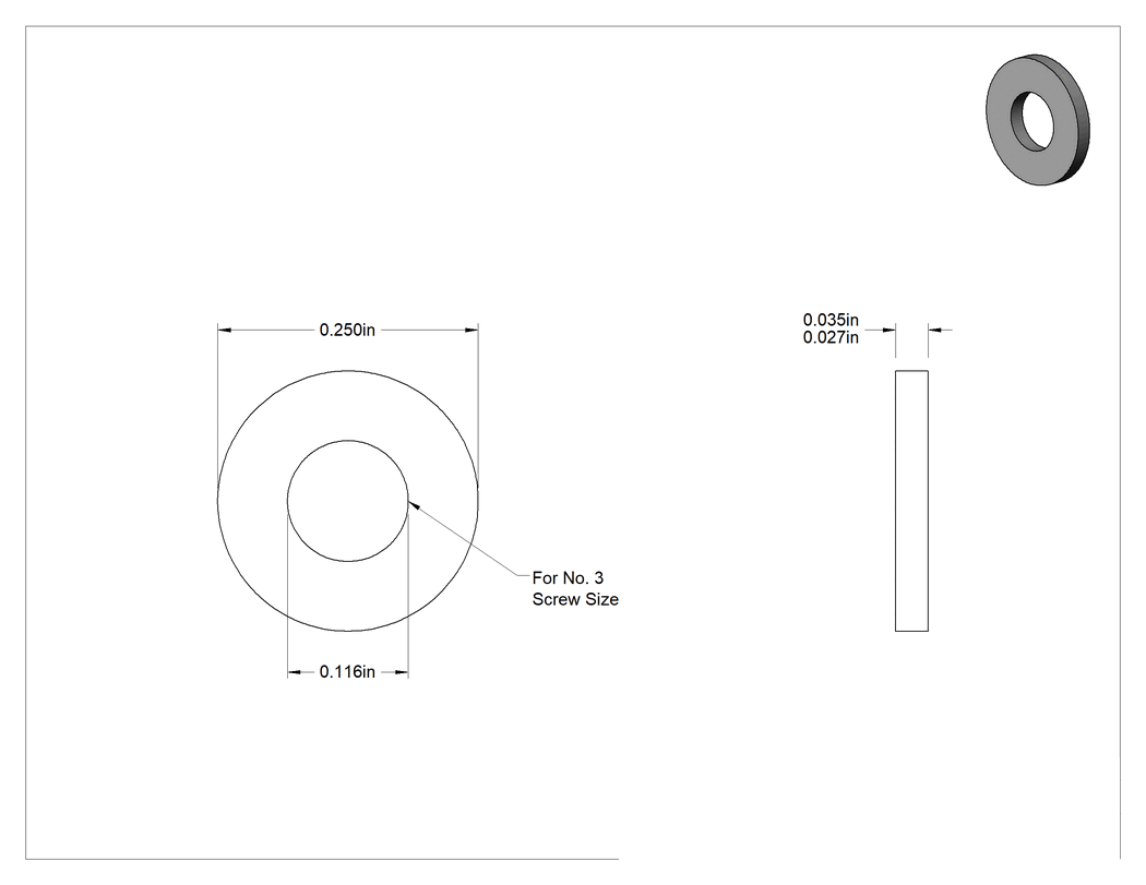 Teknik Çizim - PTFE Plastik Pul, 3 Numaralı Vida Boyutu için, 0.116" İç Çap, 0.250" Dış Çap