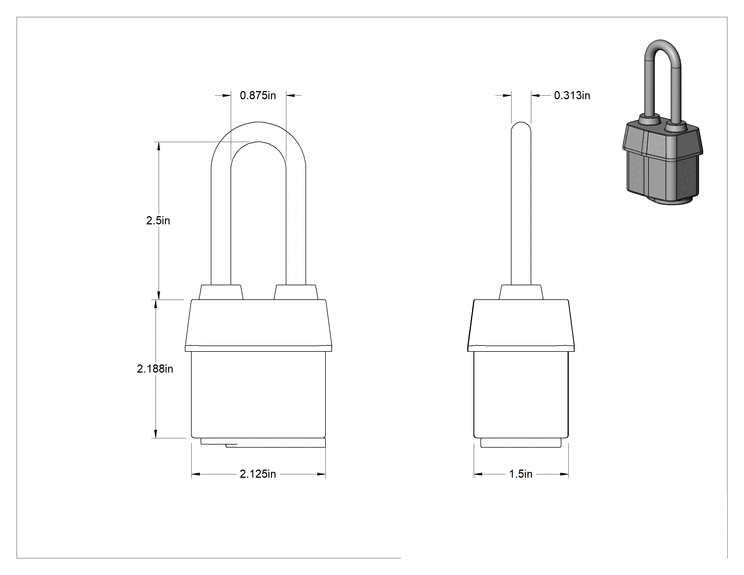 Teknik Çizim - Lamine Çelik Gövdeli Hava Koşullarına Dayanıklı Asma Kilit, Master Lock 6121, Aynı Anahtarlı, 2-1/2" Dikey Boşluk